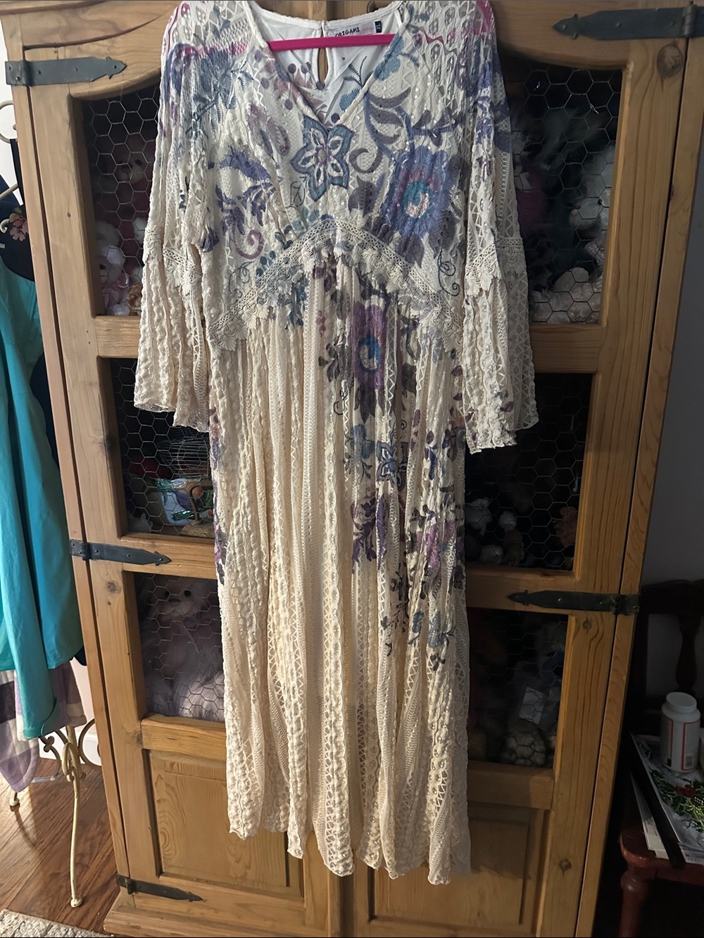 Boho Cream Crochet Maxi Dress with Purple Floral Accents